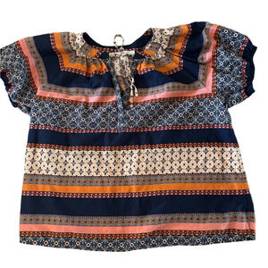 LOFT Navy and Orange  Patterned Blouse puff sleeve blouse gently used